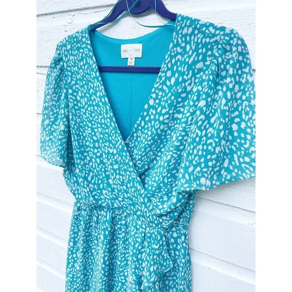 Jun Ivy Dress Aqua Blue Chiffon Flutter Sleeve Vneck Faux Wrap Polka Dot Midi - Picture 2 of 5